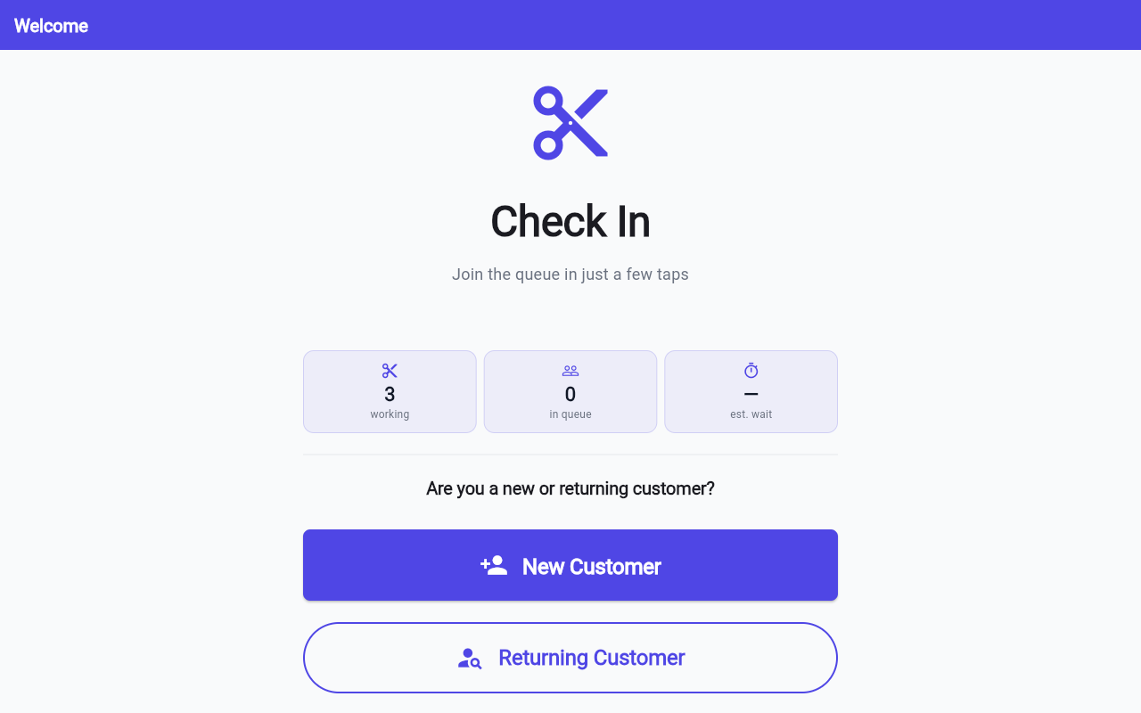 QueueUp kiosk check-in screen